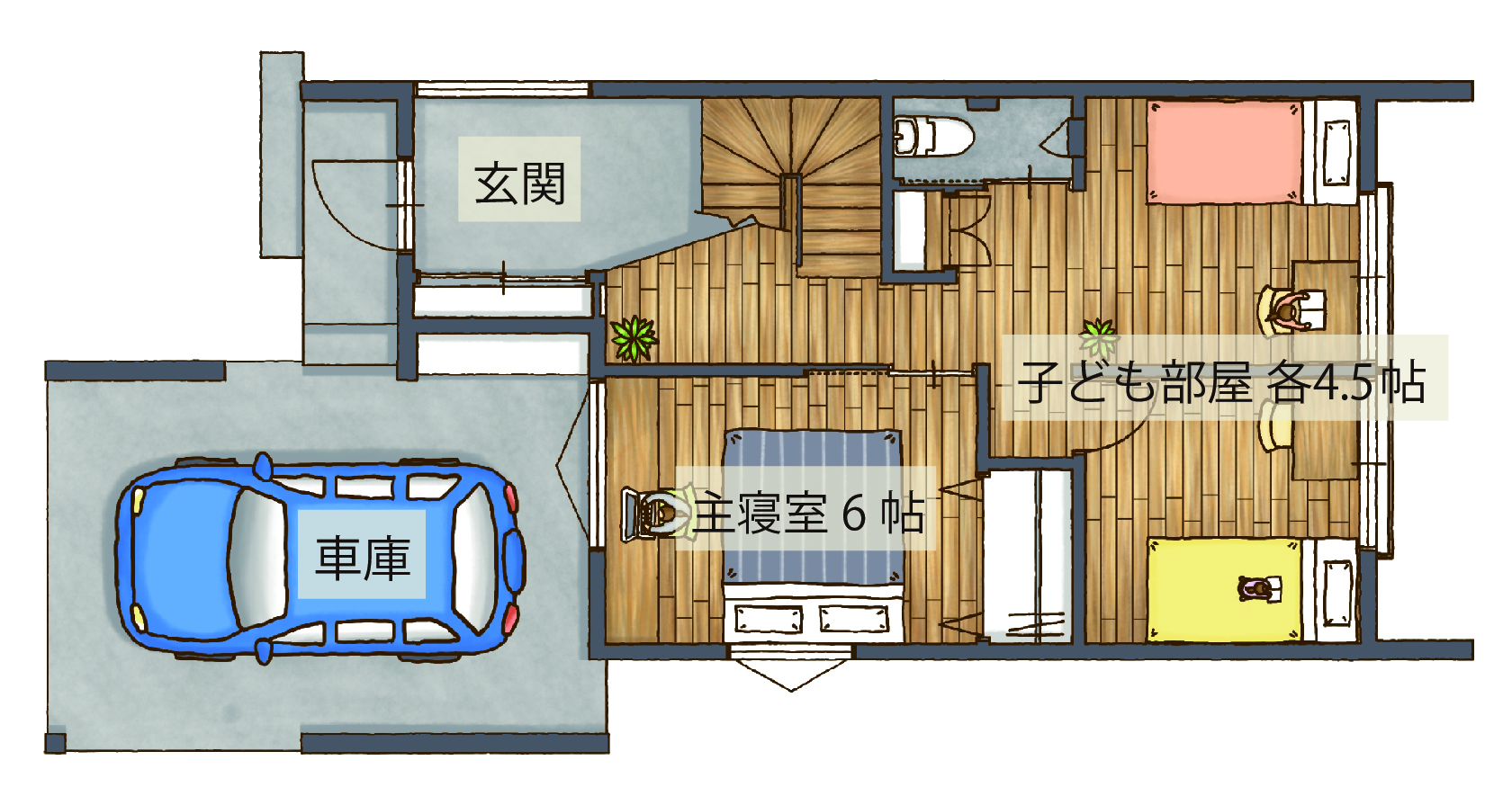 2階リビング・バルコニーのおしゃれな間取り実例｜豊橋市の注文住宅実例｜ハピナイス