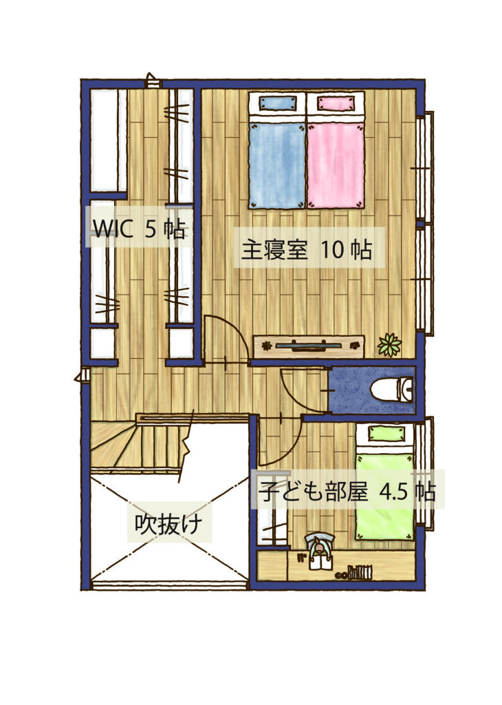 玄関に吹き抜け階段がある間取り事例（2階）