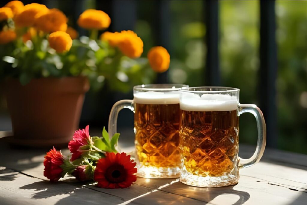 庭におかれたビールジョッキ