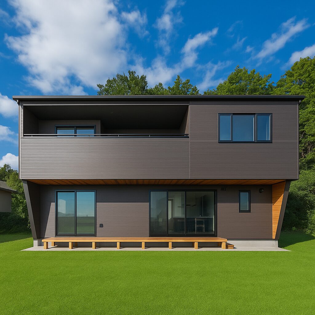 ブラウンのがっしりとした二階建て